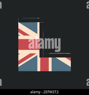 Großbuchstaben 3D L mit UK-Flag-Textur isoliert auf schwarzem Hintergrund. Vektorgrafik. Element für Design. Kinder Alphabet. Stock Vektor