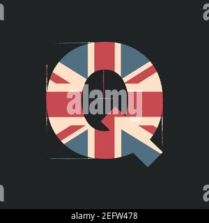 Großbuchstaben 3D Q mit UK-Flag-Textur isoliert auf schwarzem Hintergrund. Vektorgrafik. Element für Design. Kinder Alphabet. Stock Vektor