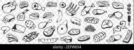 Fleisch Würste Fisch Doodle Set. Sammlung von handgezeichneten essbare Wurst Geflügel Huhn Salami Fisch Grill Speck Flügel und Beine für den Verzehr isoliert auf transparentem Hintergrund Stock Vektor