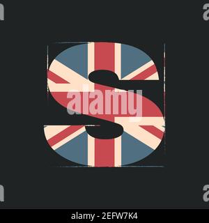 Großbuchstaben 3D S mit UK-Flag-Textur isoliert auf schwarzem Hintergrund. Vektorgrafik. Element für Design. Kinder Alphabet. Stock Vektor