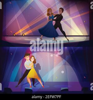 Tanzpaar auf der Bühne 2 Retro-Cartoon-Banner mit professionellen Darstellern In Spotlights nostalgisches Plakat isolierte Vektor-Illustration Stock Vektor