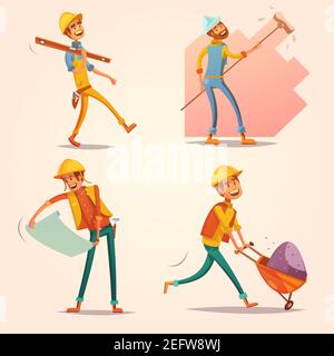 Baumeister Arbeiter in gelb einheitliche Helm bei der Arbeit Cartoon Retro-Symbole setzen Retro isoliert Vektor Illustration Stock Vektor