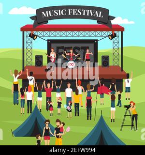 Open Air Festival Hintergrund mit Sommer Vorstadt Landschaft Rock Band Auf der Bühne Publikum und Camping Park Vektor-Illustration Stock Vektor