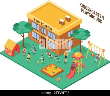 Kindergarten im Freien isometrische Zusammensetzung mit Spielplatz Kindergarten Lehrer und spielen Vektor-Illustration für Kinder Stock Vektor