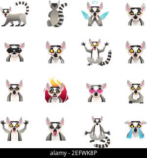 Lemur polygonal großen Satz von sechzehn isoliert macaco lustige Karikatur Zeichen Symbole in flachen Doodle Stil Vektor-Illustration Stock Vektor