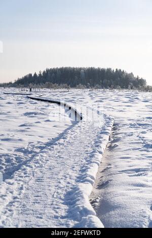 Ökologischer Wanderweg im Nationalpark durch gefrorenen Torf Moorsumpf im Winter an sonnigen Tagen Stockfoto