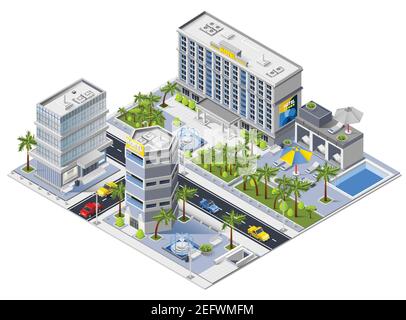 Luxus-Hotelgebäude isometrisches Designkonzept mit südlicher Stadtlandschaft Und Stadtverkehr Vektordarstellung Stock Vektor