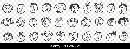 Lustige Kinder Gesichter Doodle Set. Sammlung von Hand gezeichnet niedlichen lustigen Karikatur Mädchen und Jungen Gesichter Porträt mit positiven und negativen Mimik Emotionen isoliert auf transparentem Hintergrund Stock Vektor