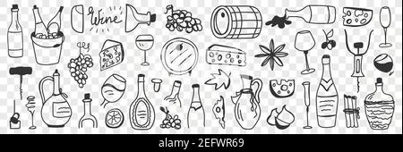 Ware für die Weinherstellung Doodle-Set. Sammlung von handgezeichneten Fässern Trauben Krüge Flaschen Gläser Käse Vakuum Korkenzieher Flaschen für die Weinherstellung und Verkostung isoliert auf transparentem Hintergrund Stock Vektor