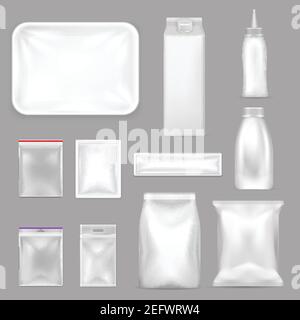 Farbige leere Lebensmittelverpackung realistisches Icon-Set mit Reißverschluss Taschen in verschiedenen Größen Vektor-Illustration Stock Vektor