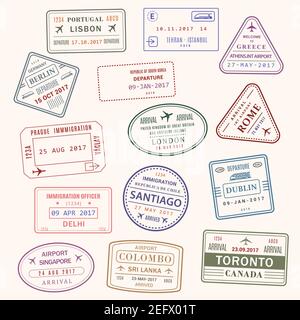 Pass Land Briefmarken Vektor-Satz von Lissabon Portugal, Athen Griechenland oder London Großbritannien und Toronto Kanada. Isolierte Passfarbe Stempel von Santiago, Co Stock Vektor