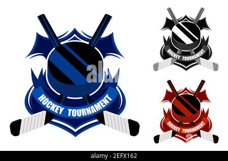 Eishockey-Sportembleme. Sport schwarz Gummi Puck und gekreuzte Sticks für Eishockey auf Hintergrund stilisierte Schild. Turniersymbol. Einfach zu halten Stock Vektor