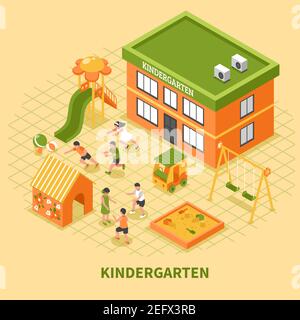 Kindergarten Gebäude isometrische Zusammensetzung mit Kindern Gruppe beschäftigt im Sport Und mobile Spiele auf Spielplatz Vektor Illustration Stock Vektor