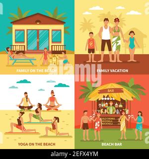 Strandurlaub Wohnung Design-Konzept mit Familienurlaub Yoga-Übung Und Bar auf Shore isolierte Vektordarstellung Stock Vektor