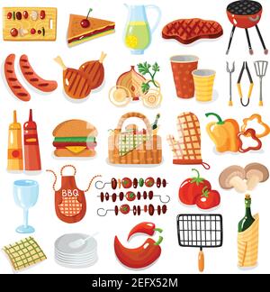 Grill Picknick Zubehör stilvolle bunte große Symbole Set mit Schürze Gegrilltes Fleisch Gemüse Getränke isoliert Vektor-Illustration Stock Vektor