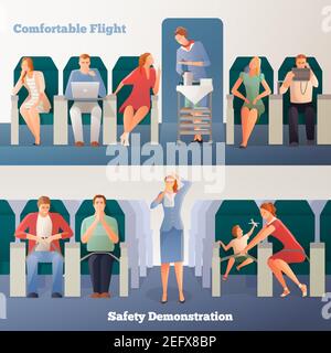 Menschen im Flugzeug horizontale Banner mit sitzenden Passagiere Stewardess mit Getränke und Sicherheit Demonstration isolierte Vektor-Illustration Stock Vektor