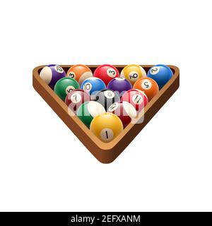 Pool oder American Billard Bälle in Dreieck. Vektor isolierte Symbol der Snooker Farbe Kugeln mit Zahlen in Holzgestell für Billardraum Sport Spiel Symbol o Stock Vektor