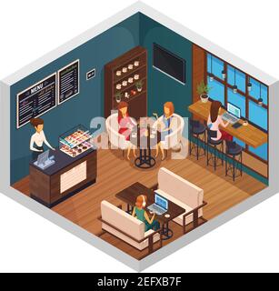 Internet Cafe Interieur Restaurant Pizzeria Bistro Kantine isometrische Zusammensetzung der Besucher mit wi-Fi auf Gadgets Vektor-Illustration Stock Vektor