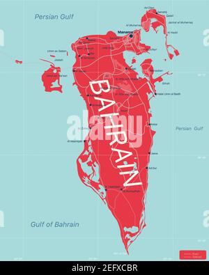 Bahrain Land detaillierte editierbare Karte mit Regionen Städte und Gemeinden, Straßen und Eisenbahnen, geografische Standorte. Vector EPS-10-Datei Stock Vektor