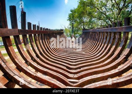 Holzboot Hull Bau Ausstellung, Chareles Towne Landing Satae Park, Charleston, South Carolina Stockfoto