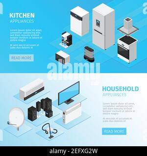 Haushaltsgeräte horizontale Banner mit Küchenausstattung und digitale und Abbildung des isometrischen Vektors elektronischer Geräte Stock Vektor