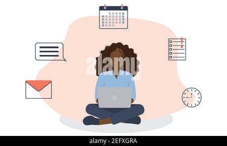 Geschäftsfrau am Arbeitsplatz sitzt vor dem Laptop mit Kalender, Textnachricht, Aufgabenliste, E-Mail, Uhr im Hintergrund Stock Vektor