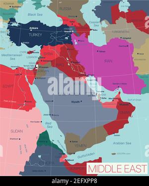 Region Naher Osten Detaillierte bearbeitbare Karte mit Ländern Hauptstädte und Städte. Vector EPS-10-Datei Stock Vektor