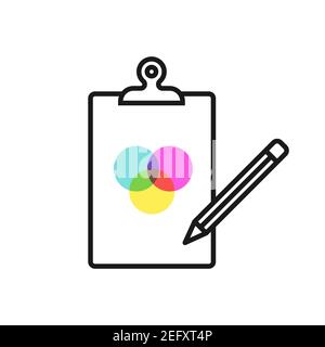 Zwischenablage-Symbol mit Bleistift. Schwarzer Umriss. Kreativität. Bunte Kreise. Vektor-Illustration, flaches Design Stock Vektor