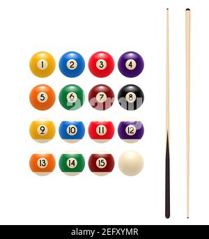 Pool oder American Billard Bälle mit Zahlen und Queues. Vektor-Symbol von Snooker farbigen Kugeln und Holzspiel Queue Sticks für Billardraum Sport Spiel Symb Stock Vektor