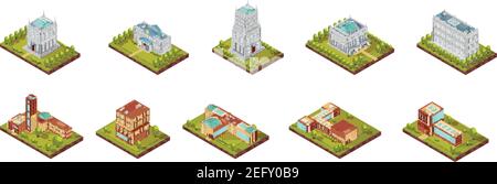 Isometrischer Satz von Universitätsgebäuden mit Fenstern auf Dächern und Umgebung mit Bäumen isoliert Vektor-Illustration Stock Vektor