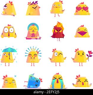 Lustige Huhn Animation Cartoon Charakter-Icons großen Satz mit Weinen Dead Liebe glücklich überrascht Stimmung isoliert Vektor-Illustration Stock Vektor