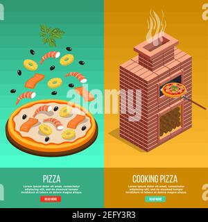 Zwei vertikale Pizza Backen Banner-Set mit Kochen Pizza Überschrift Und lesen Sie mehr Tasten Vektordarstellung Stock Vektor