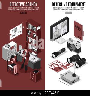 Detective vertikale Banner Satz von isometrischen Bildkompositionen mit Untersuchung Agentur Büro Interieur und Hardware-Ausrüstung Vektor-Illustration Stock Vektor