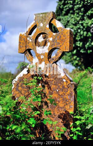 Delvin, County Westmeath, Irland. Ein altgetragenes keltisches Kreuz markiert eine Grabstätte im überwucherten Kirchhof an den Ruinen der St. Mary's Church. Stockfoto