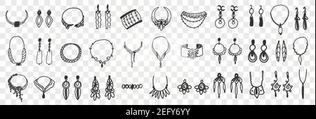 Schmuck und Accessoires Doodle Set. Sammlung von handgezeichneten eleganten femininen Accessoires Ohrringe Halskette Armbänder für das Tragen mit stilvollen Kleidung isoliert auf transparentem Hintergrund Stock Vektor