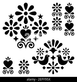 Mexikanische Volkskunst Vektor designn Elemente und Muster, schwarz-weiße Motive mit Blumen, Vögel, Herzen Stock Vektor