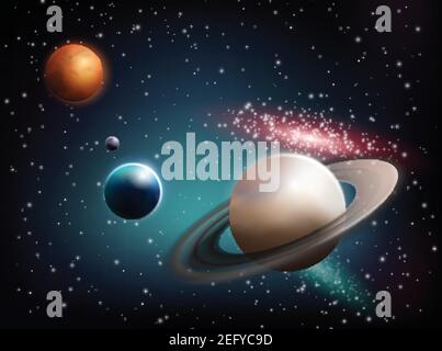 Planet setzt realistische Komposition mit saturn im Vordergrund und Die Erde mit einem mars auf der Rückseite Vektorgrafik Stock Vektor