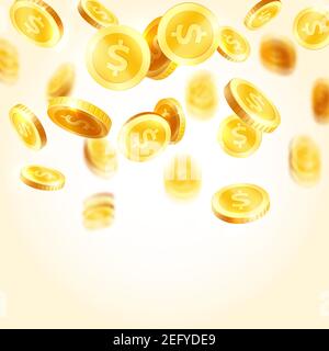 Goldene Münzen spritzen oder fallen Dollar Goldcents auf weißem Hintergrund. Vektor Splatter Münzen für Reichtum Reichtum oder Casino Poker Jackpot gewinnen, Banking f Stock Vektor