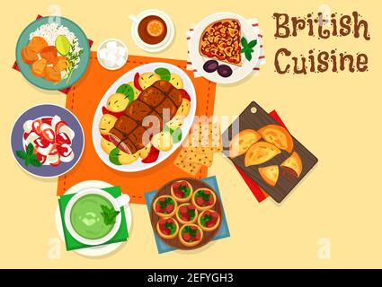 Britische Küche traditionelle Roastbeef Ikone serviert mit Fleisch und Pflaumenfrucht Pie, gebackenen brisket mit Kartoffeln, Wurst Torte, Erdbeercreme Dessert und Stock Vektor