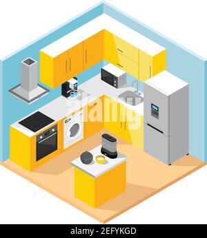 Moderne Küche Interieur isometrischen Konzept mit Möbeln Set Haushaltsgeräte Und Küche Utensil Vektor Illustration Stock Vektor
