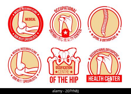 Orthopädische und Rheumatologie medizinische Symbole Vorlagen für Gelenke und Wirbelsäule Gesundheitsversorgung. Vektor isolierte Symbole des Körpers Knöchel, Fuß und Hüfte Gelenke und b Stock Vektor