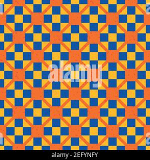 Morroccan geometrische Vektor Muster Hintergrund. Hintergrund mit kobaltblauen und orangefarbenen Steinterrazzoe-getrimmten Kreisen und Quadraten. Moderner maurischer Stil Stock Vektor