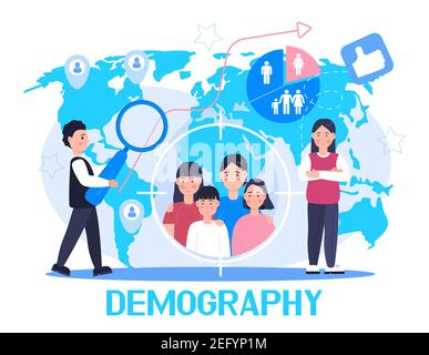 Demographer Concept Vector für Landing Page. Wachstum der Bevölkerung in der Welt. Demografische Experten analysieren Datenzahlen von Frauen, Männern, Familien. Diagr Stock Vektor