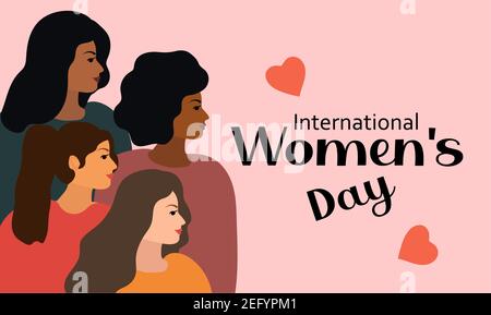 Internationaler Frauentag 8. März. Vektor-Illustration mit Frauen verschiedener Nationalitäten und Kulturen. Kampf für Freiheit, Unabhängigkeit, Gleichheit Stock Vektor