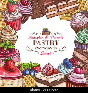 Konditorei Skizze Menü Vorlage für Desserts, Kuchen und Süßigkeiten. Vektor Patisserie Poster Design von Eis, Cupcake oder Schokolade Muffin und d Stock Vektor