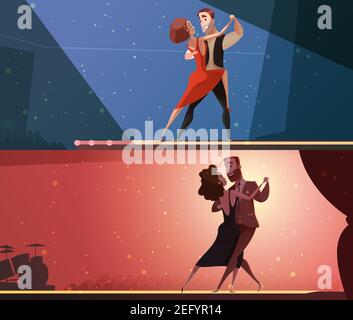 Retro Tanzstudio 2 horizontale Cartoon Banner mit Tango gesetzt Und Salsa Performing Pairs isolierte Vektordarstellung Stock Vektor