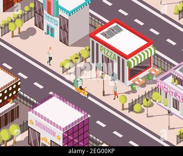 Pizzeria in Stadt isometrischen Hintergrund mit Straßentischen in der Nähe Restaurant, Roller für die Lieferung und Menschen Vektor Illustration Stock Vektor