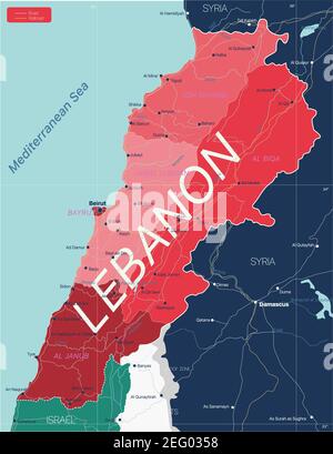 Libanon Land detaillierte editierbare Karte mit Regionen Städte und Städte, Straßen und Eisenbahnen, geografische Standorte. Vector EPS-10-Datei Stock Vektor