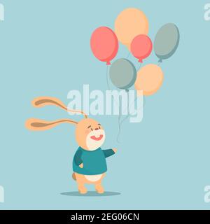 Cartoon Hase mit Luftballons Vektor-Illustrationen auf einem pastellfarbenen türkisfarbenen Hintergrund. Stock Vektor