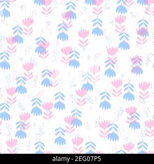 Nahtloses Blumenmuster auf Basis traditioneller Volkskunst-Ornamente. Blaue und rosa Blüten auf weißem Hintergrund. Skandinavischer Stil. Schwedischer nordischer Stil Stock Vektor